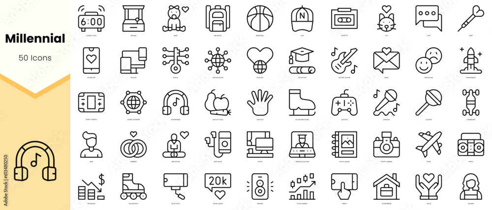 Set of millennial Icons. Simple line art style icons pack. Vector illustration