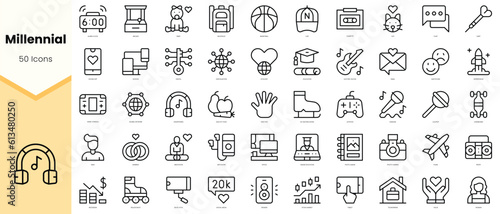 Set of millennial Icons. Simple line art style icons pack. Vector illustration