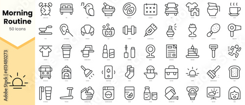 Set of morning routine Icons. Simple line art style icons pack. Vector illustration
