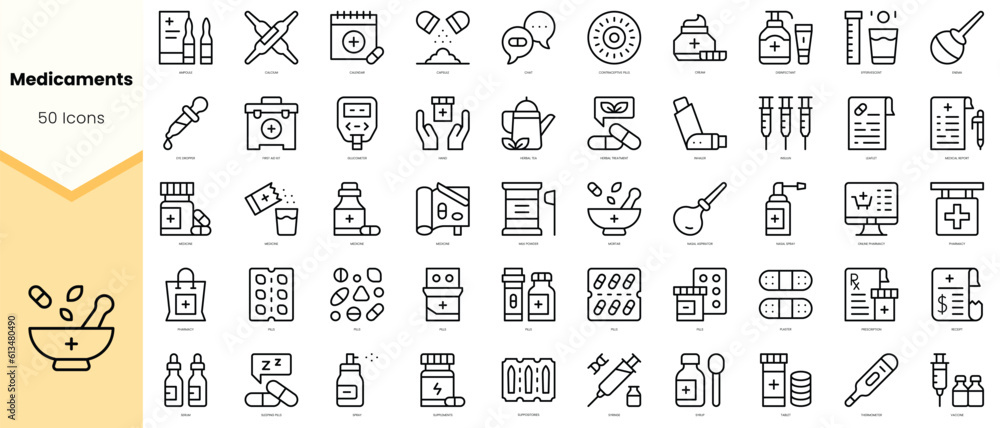 Set of medicaments Icons. Simple line art style icons pack. Vector illustration