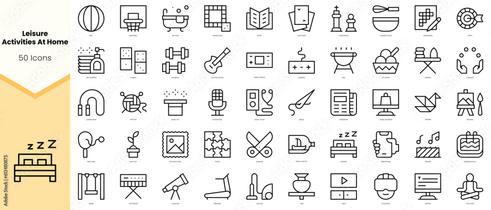 Set of leisure activities at home Icons. Simple line art style icons pack. Vector illustration