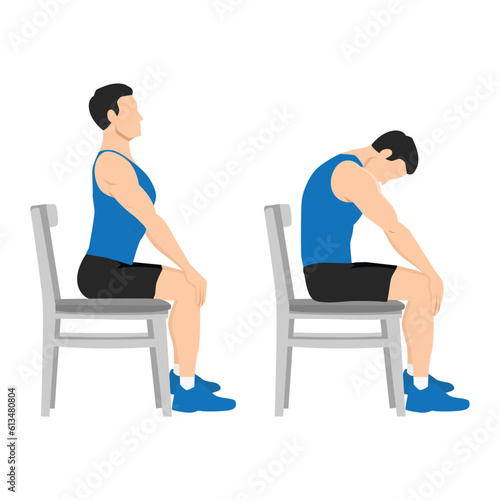 Man doing Yoga. chair cat cow stretch exercise. Flat vector illustration isolated on white background