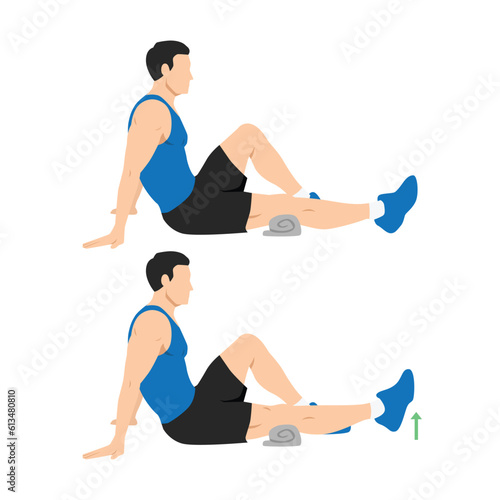 Man doing seated knee extensions exercise. Flat vector illustration isolated on white background