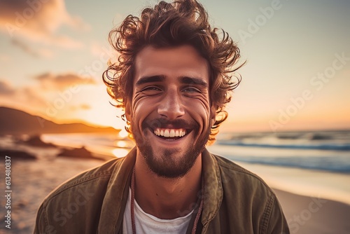 Junger Mann am Strand bei Sonnenuntergang mit betontem Gesichtsausdruck, lichter Atmosphäre und strahlendem Lächeln, Generative AI © KüstenPixel