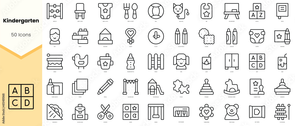 Set of kindergarten Icons. Simple line art style icons pack. Vector illustration