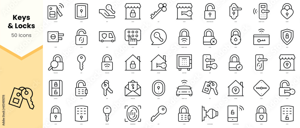 Set of keys and locks Icons. Simple line art style icons pack. Vector illustration