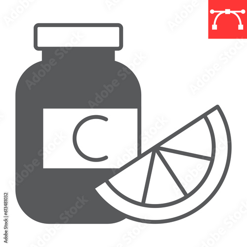 Vitamin C glyph icon, supplements and health, vitamin C bottle vector icon, vector graphics, editable stroke solid sign, eps 10.