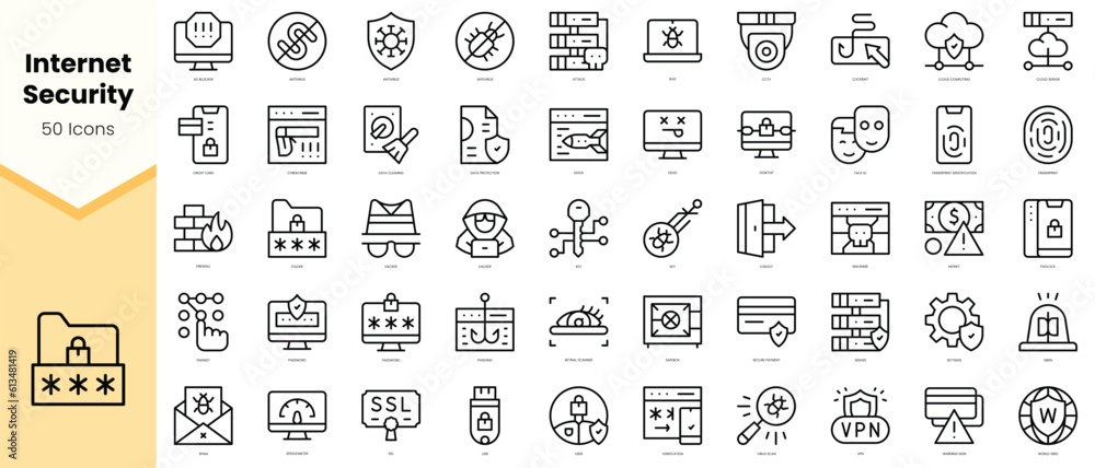 Set of internet security Icons. Simple line art style icons pack. Vector illustration