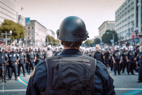 Back view of police officer with helmet and blurry crowd of protesting people in background.