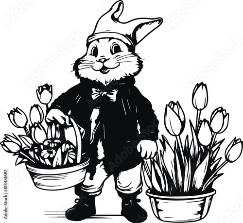 Bunny witch tulip, Garden gnomes, Vector illustration, SVG