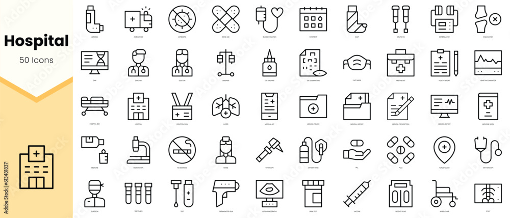 Set of hospital Icons. Simple line art style icons pack. Vector illustration