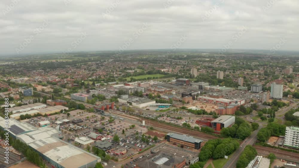 Aerial shot towards Stevenage town centre and train station Aerial shot towards Stevenage town centre and train station