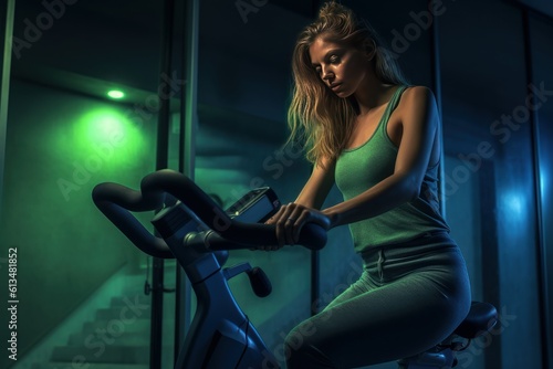 Energetisches Training: Frau dreht sich auf einem Heim-Fahrrad, eingefangen in Light Navy und Dark Black mit einem Hauch von Y2K-Ästhetik, Light Emerald und Light Black, Generative AI © KüstenPixel
