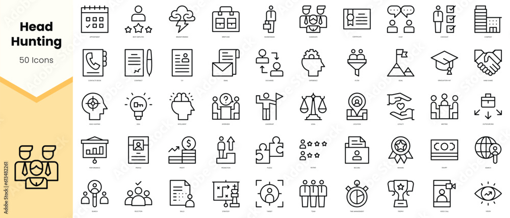 Set of head hunting Icons. Simple line art style icons pack. Vector illustration