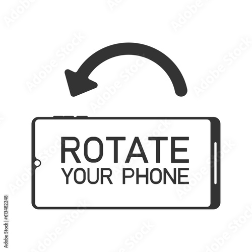 Vector of a smartphone icon in black with the message rotate your phone over white background.