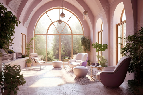 Interior luxury living room, open space, arched windows, soft nature