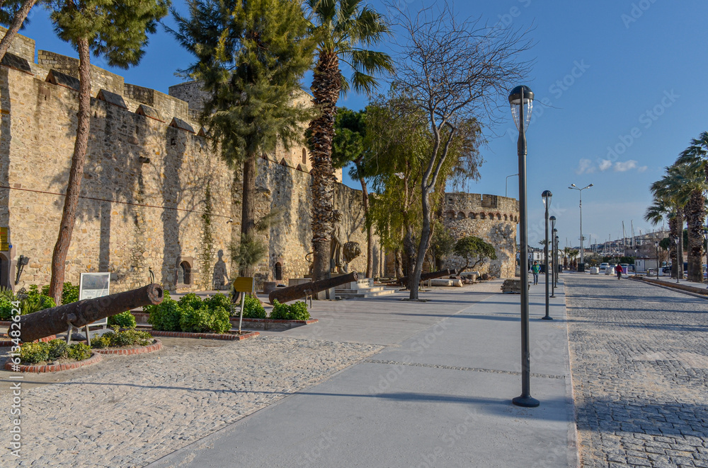 historic cannons at the western wall of Cesme castle (Izmir province, Turkiye)