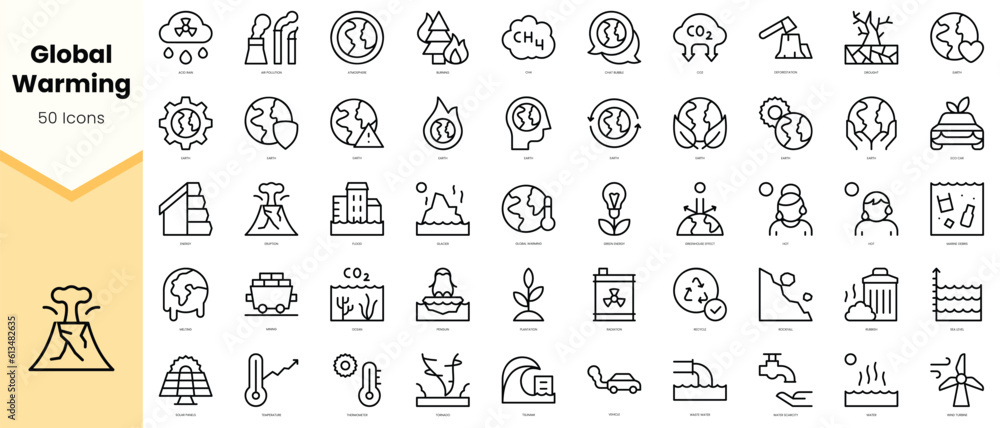 Set of global warming Icons. Simple line art style icons pack. Vector illustration