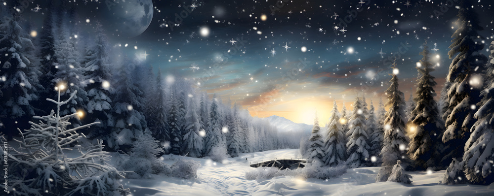 A beautiful starry snowy landscape with christmas lights - Christmas winter theme - Generative AI