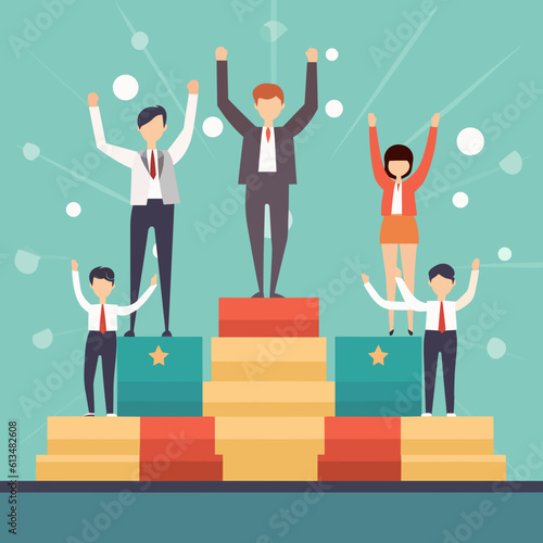 Vector illustration of winner stage with the most successful colleagues ranked on success scale. Concept of success ranking of office workers