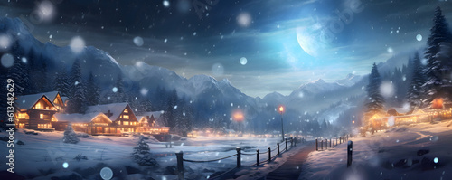 A cosy warm village into a snowy landscape with christmas lights - Christmas winter theme - Generative AI