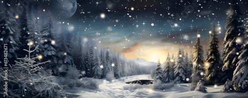 A beautiful starry snowy landscape with christmas lights - Christmas winter theme - Generative AI © Orkidia
