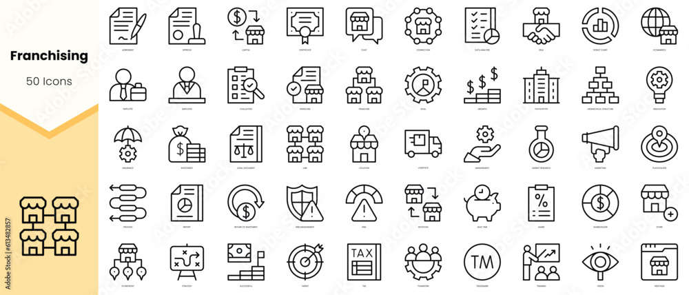 Set of franchising Icons. Simple line art style icons pack. Vector illustration
