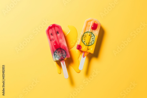 Polo de helado refrescante derritiendose, de frutas y dulces sobre fondo amarillo. Generative ai. photo