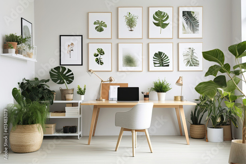 Modern living room interior  minimalist  white space  green plants