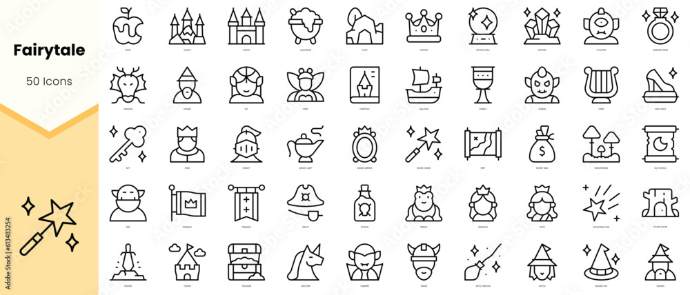 Set of fairytale Icons. Simple line art style icons pack. Vector illustration