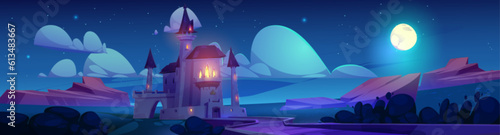 Magic fantasy castle at night vector fairytale background. Fairy tale medieval princess palace with road. Gothic kingdom mansion above full moon light in starry sky. Fantastic old chateau design