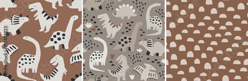 Hand drawn dinosaur pattern set. Cute dinosaurs and geometric abstract pattern. Perfect for kids fabric, textile, nursery wallpaper. Vector illustration. © mgdrachal