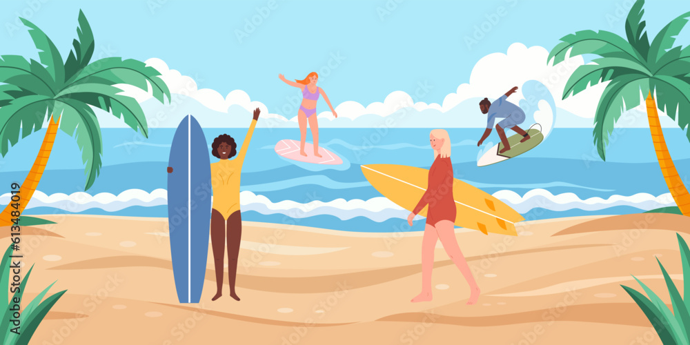 Summer seascape with different race people surfing. Men and Women surfer in swimwear on active sport. Horizontal background with scenery view ocean. Vector illustration flat style