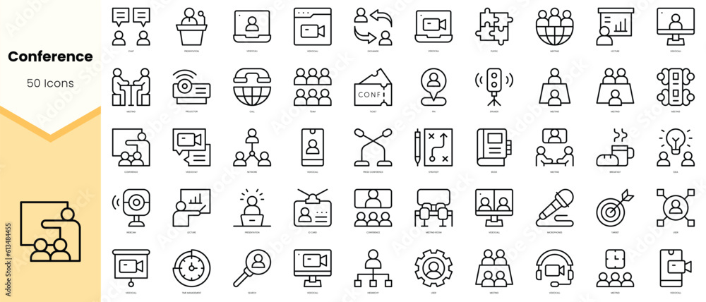 Set of conference Icons. Simple line art style icons pack. Vector illustration