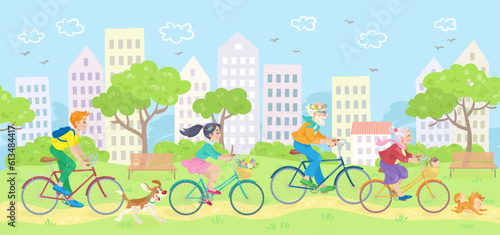 Happy people on a walk. Friendly family rides bicycles with their pets in the city park. Banner in cartoon style. Summer background. Vector flat illustration.