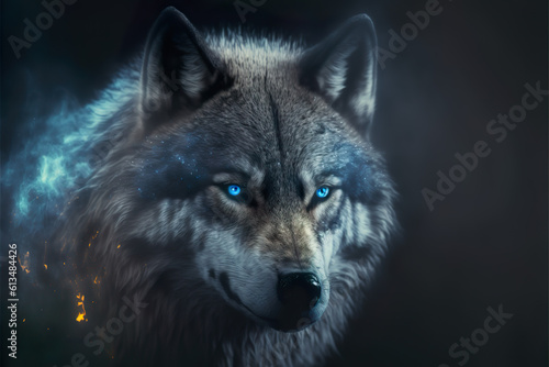 Furious wolf blue eyes face closeup 3d render art