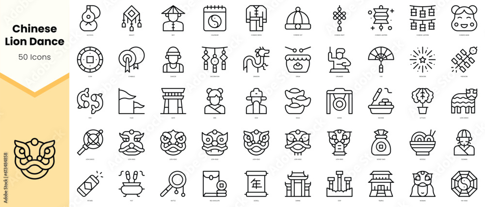 Set of chinese lion dance Icons. Simple line art style icons pack. Vector illustration
