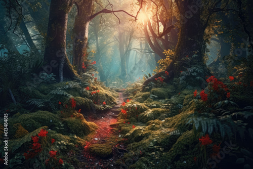 Magical beautiful forest with penetrating sunbeams. Nature and landscape beauty concept. Generative Ai, Ai.