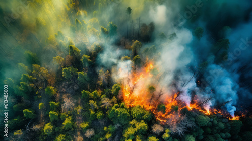 Aerial view of a green forest on fire due to high temperature during summer © Keitma