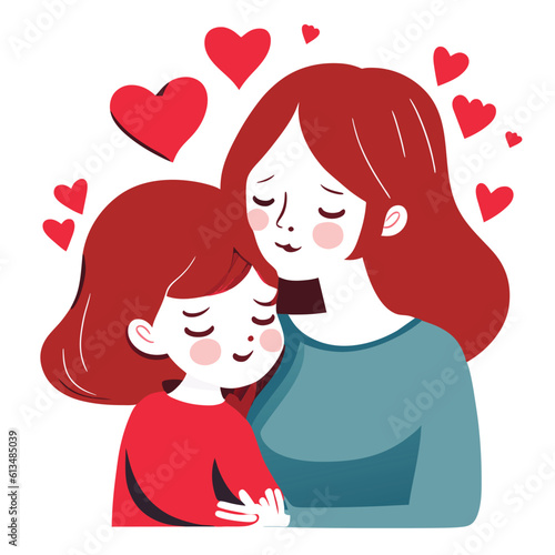 Happy Mother's day character design vector. Flat hand drawn style mom hugging daughter in her arm. Mother's day concept illustration design for decoration, greeting card, cover, print, banner © suththirat