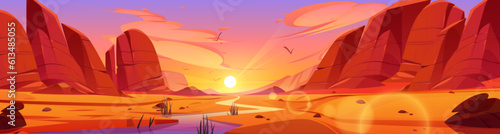 Grand canyon park desert at sunset cartoon vector illustration. Western mountain cliff and amazing sky background. Amazing utah or colorado ground terrain for unforgettable us wild travel adventure