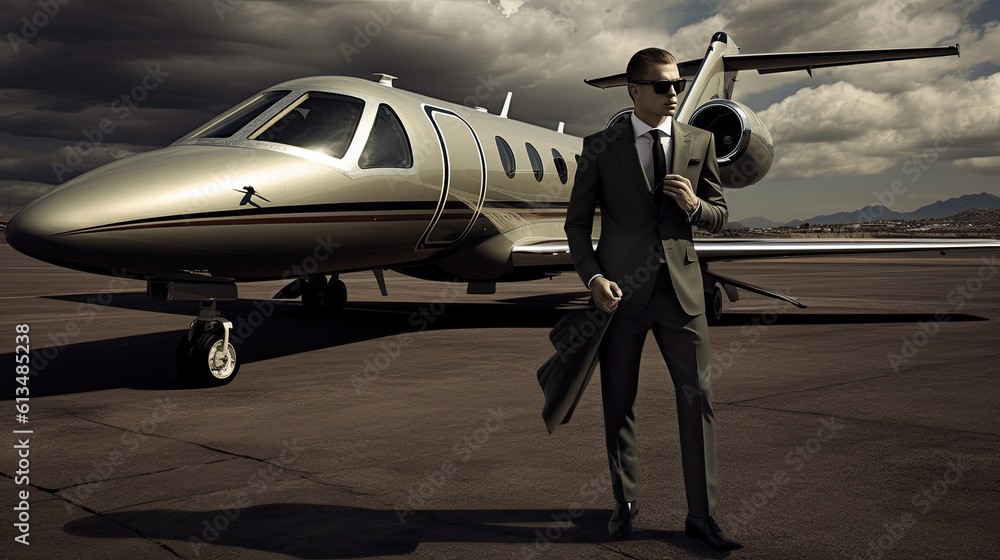 Fototapeta premium Smiling businessman with private plane on background. Business jet exterior. Generative AI
