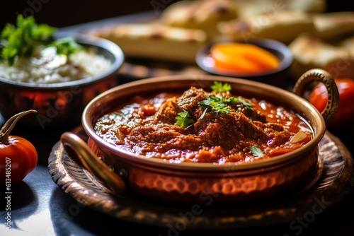 Traditional Egyptian Fattah dish showcasing layers of rice, meat, crusty bread in tangy sauce. photo