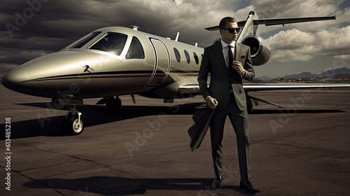 Smiling businessman with private plane on background. Business jet exterior. Generative AI photo