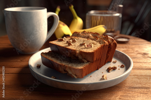 A delightful breakfast spread consisting of banana bread and a cup of coffee. Generative Ai, Ai.