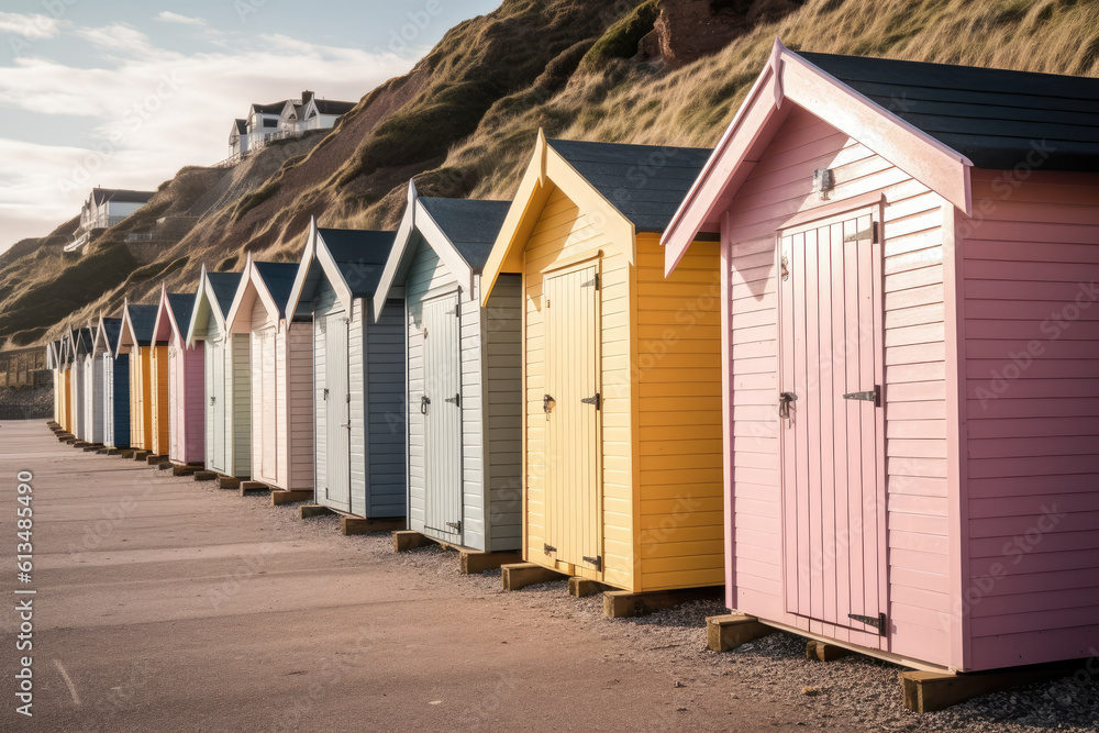 A row of charming beach huts, offering a delightful seaside view. Generative Ai, Ai. A row of charming beach huts, offering a delightful seaside view. Generative Ai, Ai.