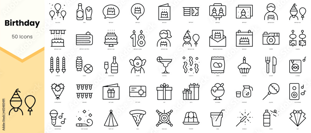 Set of birthday Icons. Simple line art style icons pack. Vector illustration