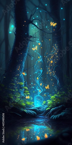 Enchanted forest magical butterflies, fairy vertical background wallpaper, Generated Ai Generative AI