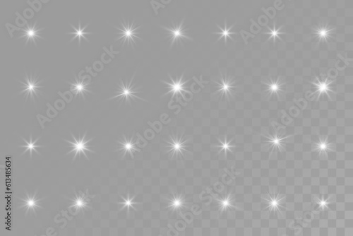 Sparkling stars, twinkling and flashing lights. Collection of various light effects on a transparent background.