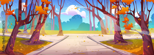 Autumn forest park road street cartoon landscape. Garden nature scenery walkway drawing environment illustration in fall season. Orange public alley with footpath and falling leaves in september